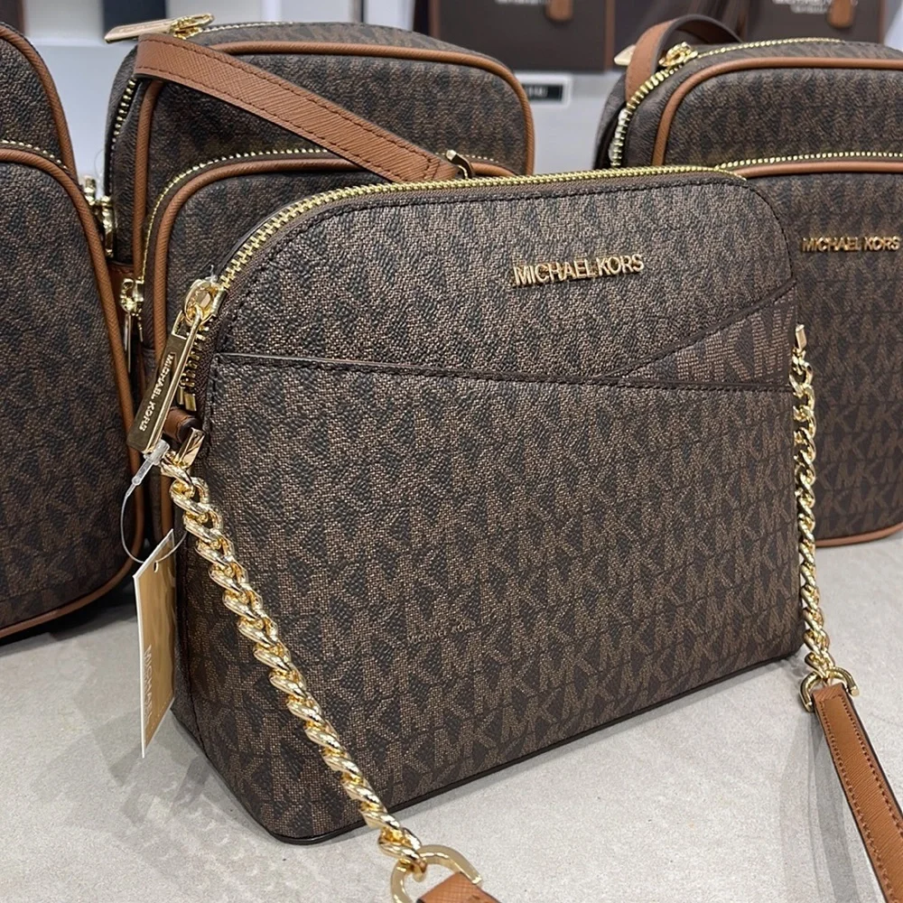 MICHAEL KORS Jet Set Medium Logo Dome Satchel Crossbody  Brown  NWT